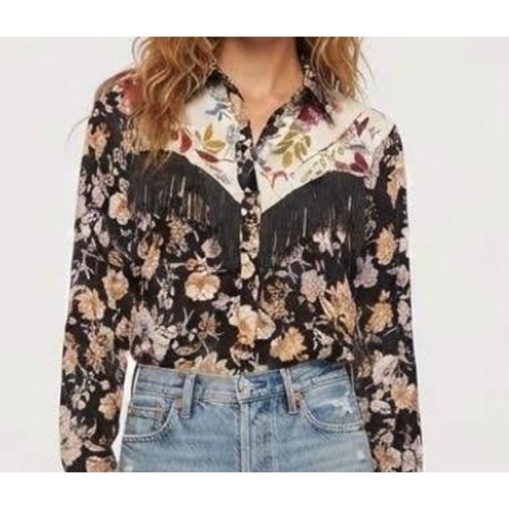 Gimmicks Western Shirt Floral Fringe Yoke Button Down GMKR18666 Medium